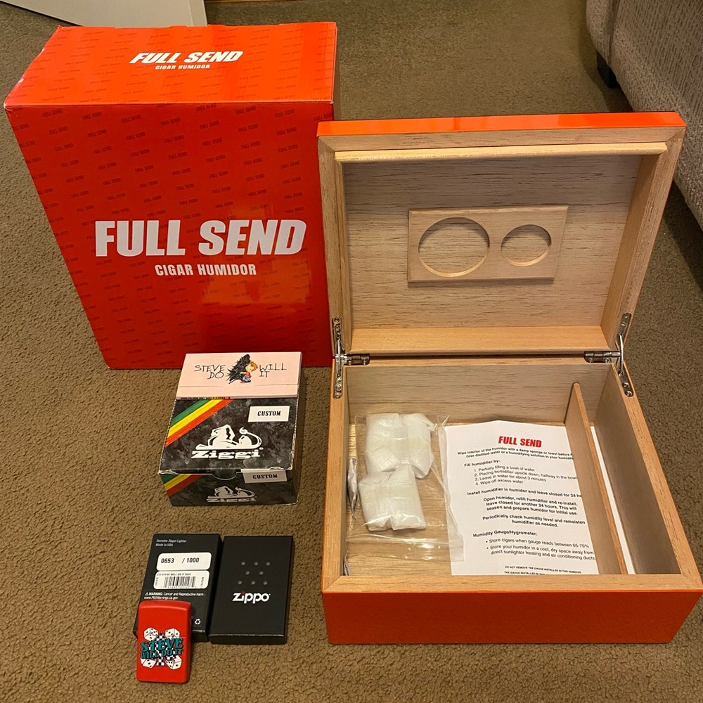 Full Send cigar humidor, Full send rolling papers and limited edition zippo